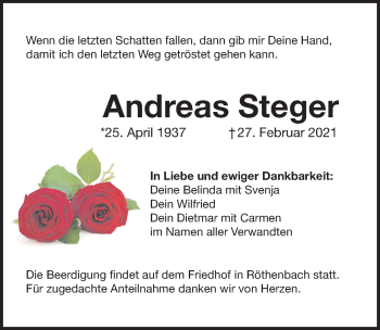 Traueranzeige von Andreas Steger von Pegnitz-Zeitung