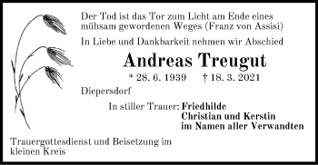 Traueranzeige von Andreas Treugut von Pegnitz-Zeitung