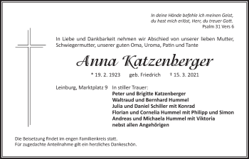 Traueranzeige von Anna Katzenberger von Der Bote