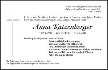 Traueranzeige von Anna Katzenberger von Pegnitz-Zeitung