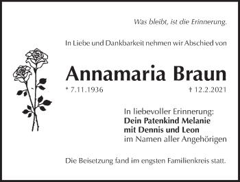 Traueranzeige von Annamaria Braun von Pegnitz-Zeitung