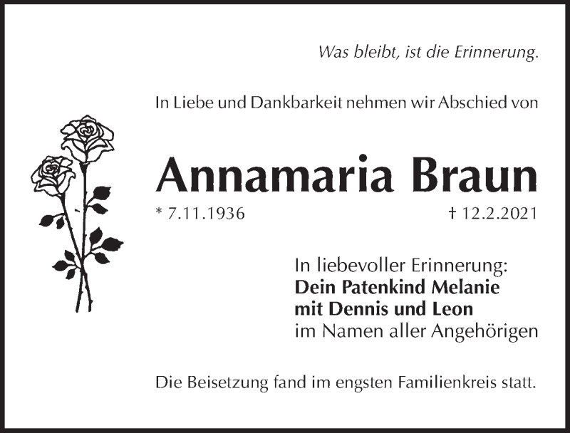  Traueranzeige für Annamaria Braun vom 13.03.2021 aus Pegnitz-Zeitung