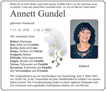 Traueranzeige von Annett Gundel von Der Bote