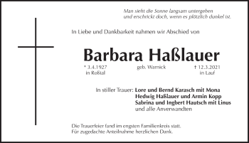 Traueranzeige von Barbara Haßlauer von Pegnitz-Zeitung