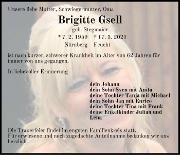 Traueranzeige von Brigitte Gsell von Der Bote