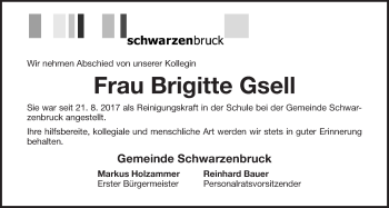 Traueranzeige von Brigitte Gsell von Der Bote