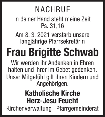 Traueranzeige von Brigitte Schwab von Der Bote