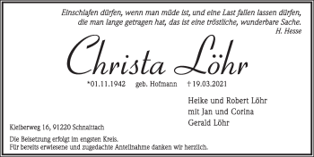 Traueranzeige von Christa Löhr von Pegnitz-Zeitung