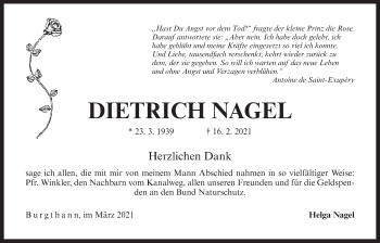 Traueranzeige von Dietrich Nagel von Der Bote
