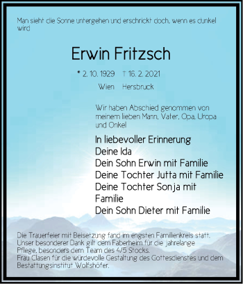 Traueranzeige von Erwin Fritzsch von Hersbrucker Zeitung