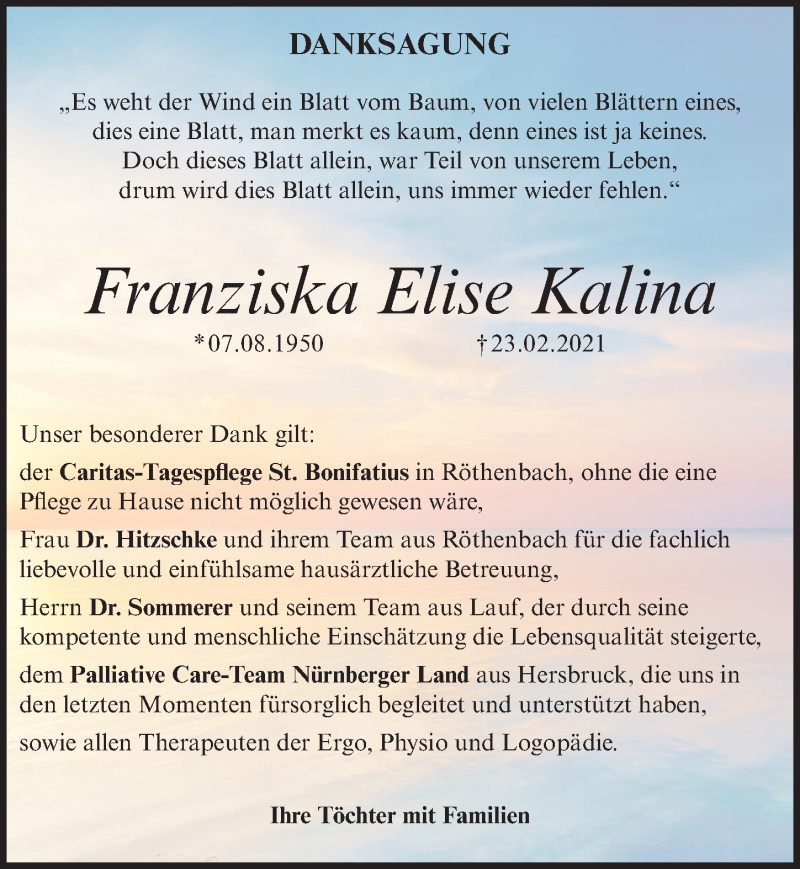  Traueranzeige für Franziska Elise Kalina vom 04.03.2021 aus Pegnitz-Zeitung