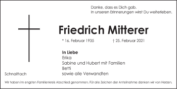 Traueranzeige von Friedrich Mitterer von Pegnitz-Zeitung
