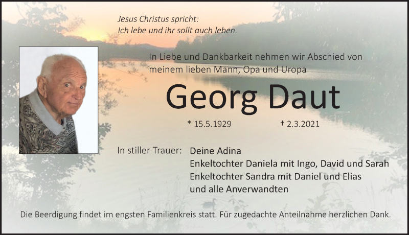  Traueranzeige für Georg Daut vom 05.03.2021 aus Pegnitz-Zeitung