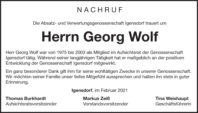  Traueranzeige für Georg Wolf vom 03.03.2021 aus Pegnitz-Zeitung