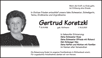 Traueranzeige von Gertrud Koretzki von Pegnitz-Zeitung