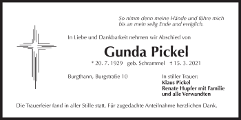 Traueranzeige von Gunda Pickel von Der Bote