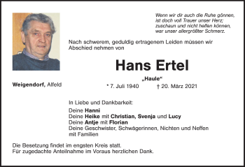 Traueranzeige von Hans Ertel von Hersbrucker Zeitung