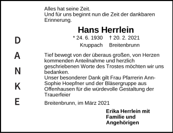 Traueranzeige von Hans Herrlein von Hersbrucker Zeitung