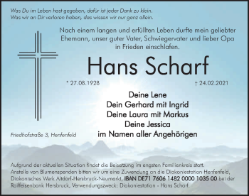 Traueranzeige von Hans Scharf von Hersbrucker Zeitung