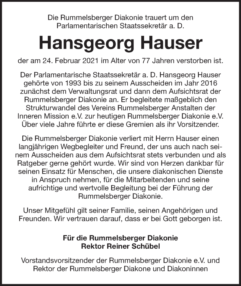  Traueranzeige für Hansgeorg Hauser vom 02.03.2021 aus Der Bote
