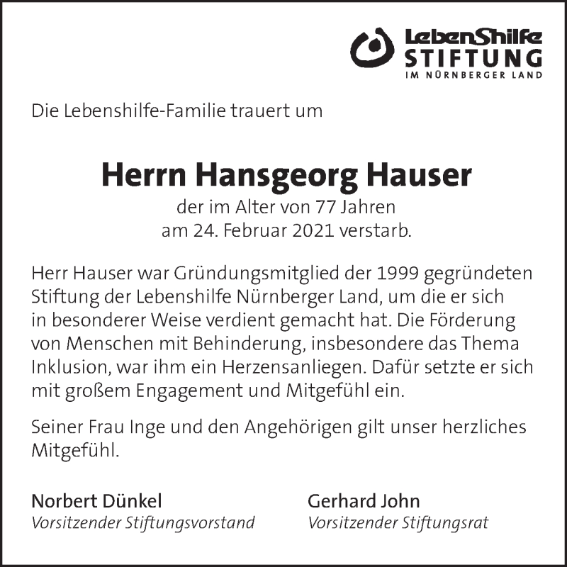  Traueranzeige für Hansgeorg Hauser vom 01.03.2021 aus Pegnitz-Zeitung