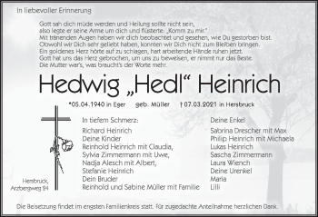 Traueranzeige von Hedwig Heinrich von Hersbrucker Zeitung