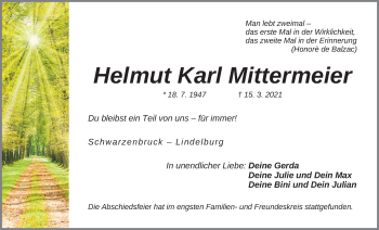 Traueranzeige von Helmut Karl Mittermeier von Der Bote