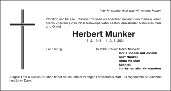 Traueranzeige von Herbert Munker von Der Bote