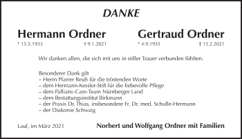 Traueranzeige von Hermann und Gertraud Ordner von Pegnitz-Zeitung