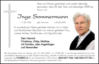 Traueranzeige von Inge Sommermann von Pegnitz-Zeitung