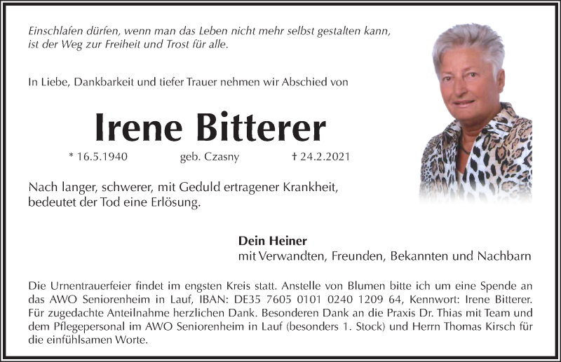  Traueranzeige für Irene Bitterer vom 13.03.2021 aus Pegnitz-Zeitung