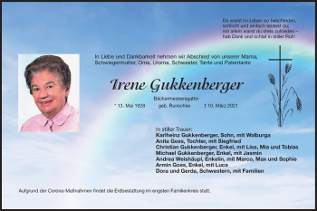 Traueranzeige von Irene Gukkenberger von Der Bote