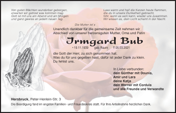 Traueranzeige von Irmgard Bub von Hersbrucker Zeitung