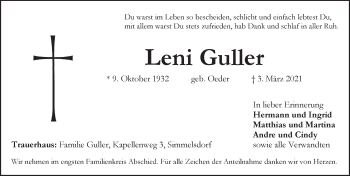 Traueranzeige von Leni Guller von Pegnitz-Zeitung