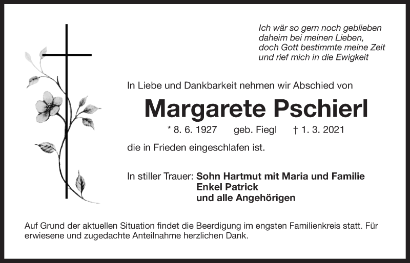  Traueranzeige für Margarete Pschierl vom 04.03.2021 aus Der Bote