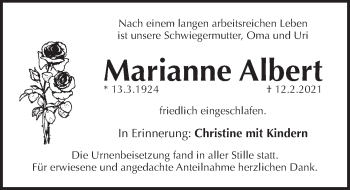 Traueranzeige von Marianne Albert von Pegnitz-Zeitung