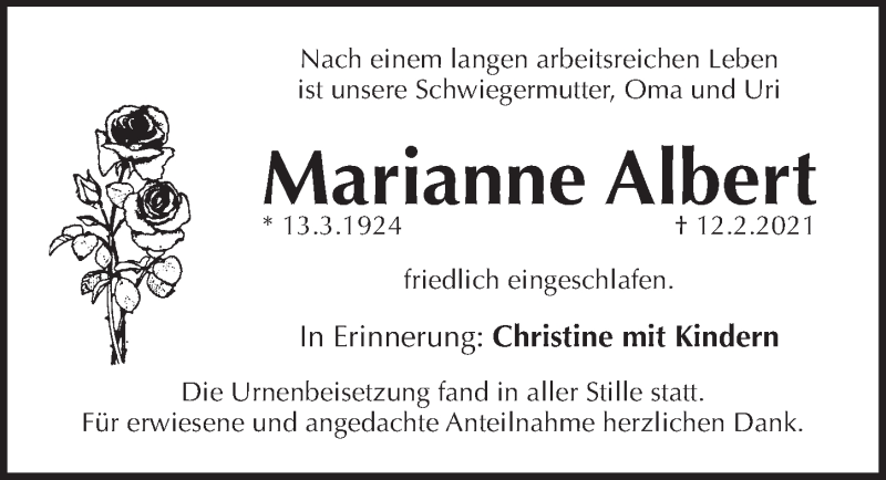  Traueranzeige für Marianne Albert vom 13.03.2021 aus Pegnitz-Zeitung