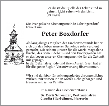 Traueranzeige von Peter Boxdorfer von Pegnitz-Zeitung
