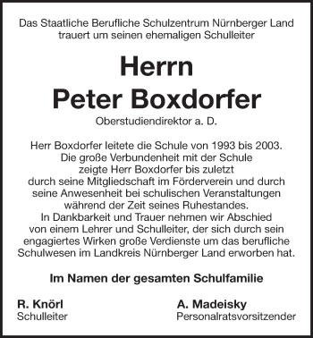 Traueranzeige von Peter Boxdorfer von Der Bote