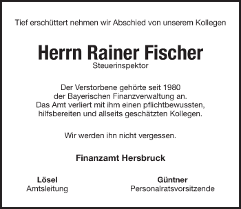 Traueranzeige von Rainer Fischer von Pegnitz-Zeitung