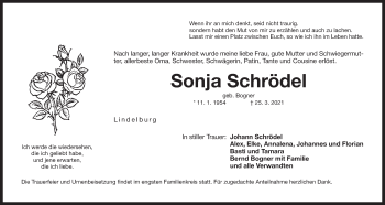 Traueranzeige von Sonja Schrödel von Der Bote