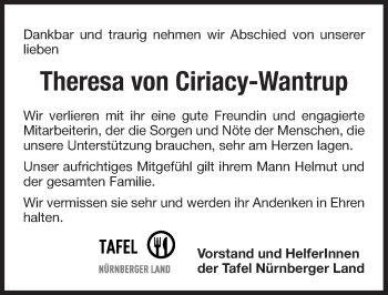 Traueranzeige von Theresa von Ciriacy-Wantrup von Pegnitz-Zeitung