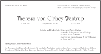 Traueranzeige von Theresa von Ciriacy-Wantrup von Pegnitz-Zeitung