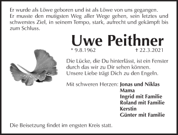 Traueranzeige von Uwe Peithner von Pegnitz-Zeitung