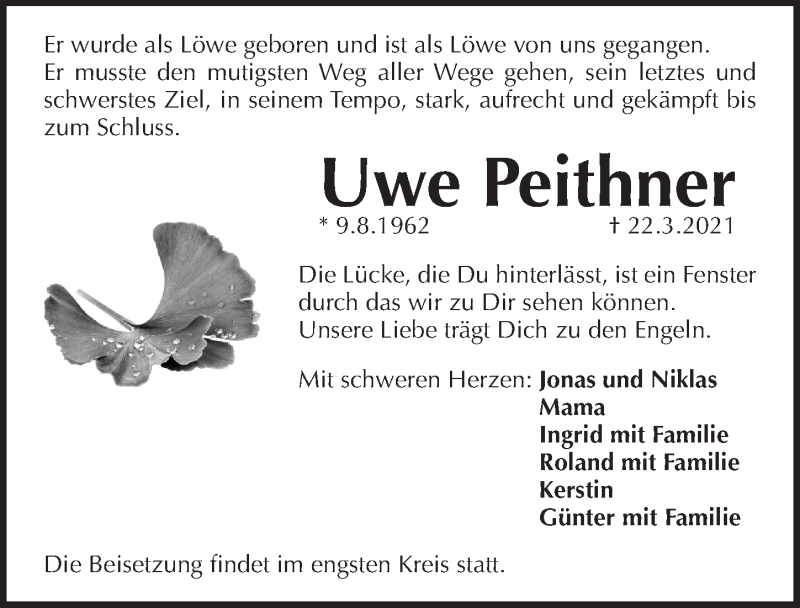  Traueranzeige für Uwe Peithner vom 27.03.2021 aus Pegnitz-Zeitung