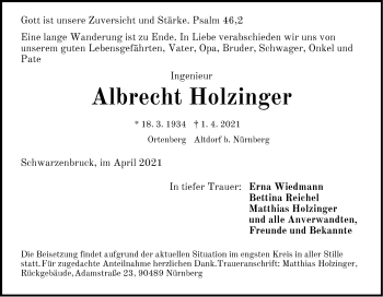 Traueranzeige von Albrecht Holzinger von Der Bote