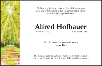 Traueranzeige von Alfred Hofbauer von Pegnitz-Zeitung