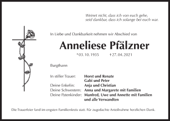 Traueranzeige von Anneliese Pfälzner von Der Bote