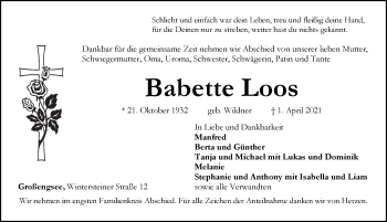 Traueranzeige von Babette Loos von Pegnitz-Zeitung