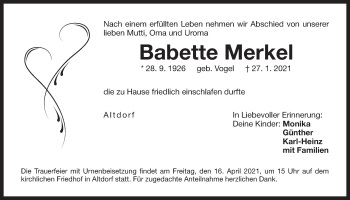 Traueranzeige von Babette Merkel von Der Bote